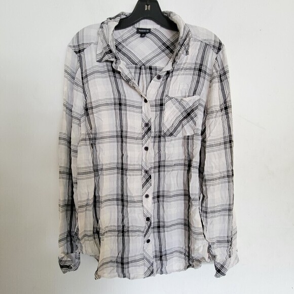 Torrid Relaxed Fit Brushed Rayon Button-Up Plaid Striped Long Sleeve Shirt Sz 00 - Picture 5 of 15